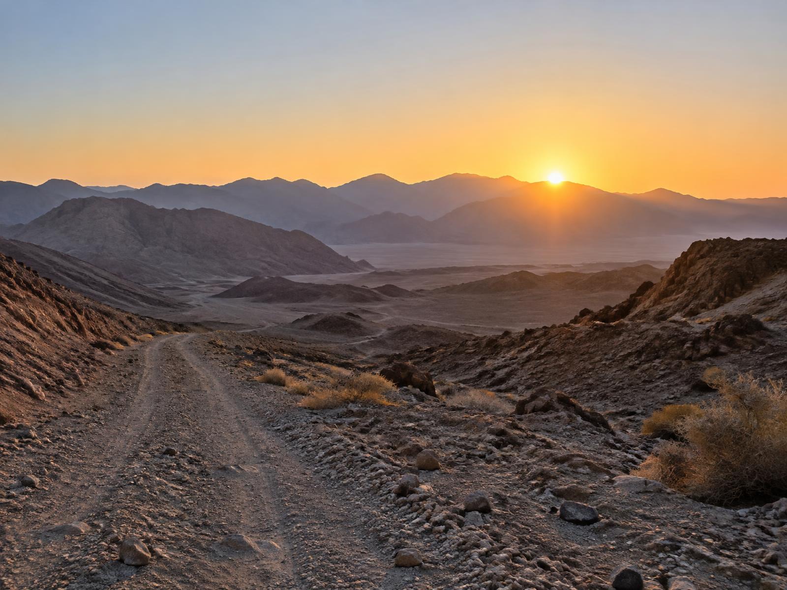 Sunrise above the Eilat Mountains and a desert track